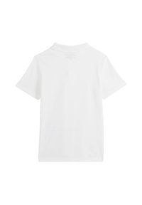 Polo-shirt blanc à manches courtes avec un col classique. Texture lisse, sans motifs, et un design épuré et simple. Vue arrière présentée.