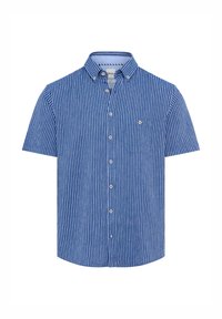 Camicia a maniche corte con bottoni di colore blu con righe verticali bianche. Presenta un colletto con bottoni e una singola tasca sul petto.