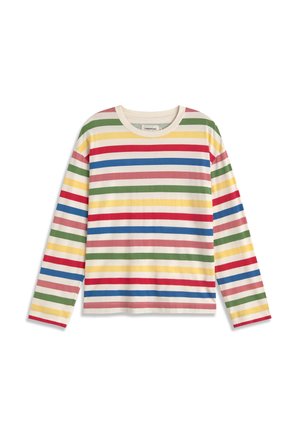 Langärmeliges Hemd mit horizontalen Streifen in Rot, Grün, Blau, Gelb und Pink auf weißem Hintergrund, Rundhalsausschnitt.