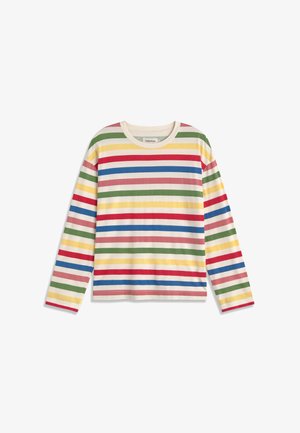 Chemise à manches longues à rayures horizontales rouges, vertes, bleues, jaunes et roses sur fond blanc, col rond.