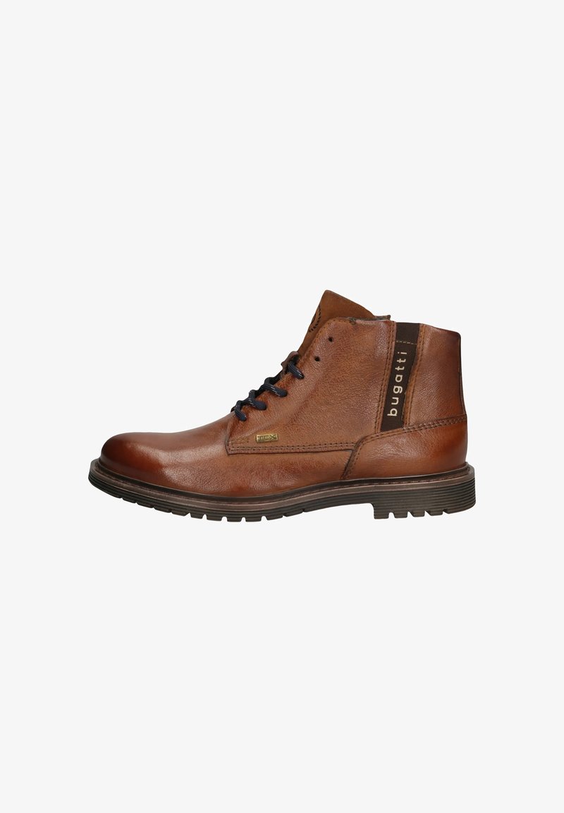 Braune Leder-Stiefelette mit glatter Oberfläche, schwarzen Schnürsenkeln, Gummisohle und seitlichem Logoakzent. Verfügt über eine abgerundete Zehenpartie und Nähdetails.
