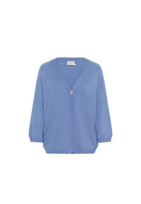 Cardigan bleu clair en doux tricot. Présente un décolleté en V profond, des manches ballons et une fermeture à un bouton à l'avant.