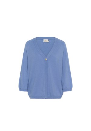 Cárdigan azul claro de material de punto suave. Presenta un escote en V profundo, mangas de globo y un cierre con un solo botón en la parte delantera.