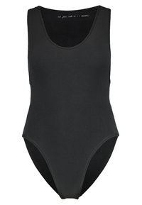 Svart ribbade baddräkt med rundad halsringning, höga skärningar och mjuk textur. Har minimala sömmar och en figurnära design.