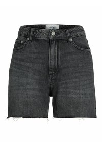 Pantalones cortos de mezclilla negra de tiro alto con dobladillo deshilachado, cinco bolsillos y cierre de botón. La etiqueta dice "JJXX" en la cinturilla interior.