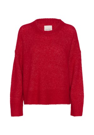 Red knitted sweater with a round neckline, drop shoulders, ribbed hem, and soft texture, featuring loose fit and light, airy appearance.
