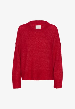 Roten gestrickten Pullover mit rundem Ausschnitt, überschnittenen Schultern, geripptem Saum und weicher Textur, der eine lockere Passform und ein leichtes, luftiges Aussehen bietet.