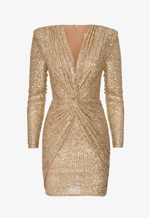 Złota sukienka z cekinami, z długimi rękawami, głęboki dekolt w kształcie V, skręcony detal w talii, dopasowany krój i gładka tekstura. Zamek błyskawiczny z tyłu.