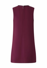 Top senza maniche di colore bordeaux con scollatura rotonda e chiusura con zip sul retro. Presenta un dettaglio perline attorno al collo e una texture liscia.
