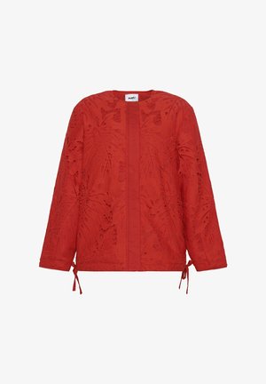 Červená bunda s kvietkovou krajkovou textúrou, s dlhými rukávmi, priamym strihom a viazaním na manžetách. Predné zapínanie bez gombíkov.