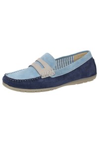 Blue and light blue suede loafers with a textured strip across the vamp, rubber sole, and a striped interior lining.