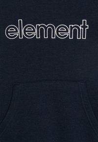 Navy blue hoodie featuring white embroidered text "element" on the front, with a kangaroo pocket at the bottom. Soft, textured fabric.