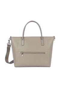 Beige leren tote bag met twee handvatten, een afneembare schouderband en een voorzak met rits met zilveren hardware.