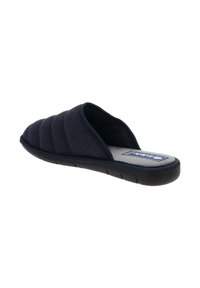 Pantofole aperte in tessuto trapuntato blu navy con suola nera e soletta imbottita grigia, etichettate "Inblu."