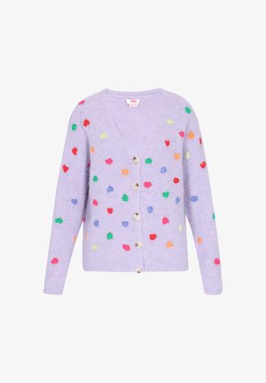 Liila saakur, mis on valmistatud paksust materjalist, V-kaelusega, millel on erksad südamekujundused ja viis nööpi ees.