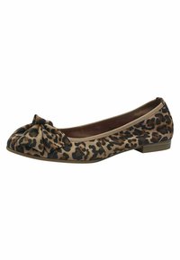 Balerínky s leopardím vzorom a mašľou na špičke, vyrobené z mäkkej tkaniny, s okrúhlym tvarom a nízkym obdĺžnikovým opätkom.