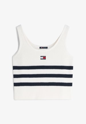 Débardeur en maille blanc avec deux bandes horizontales noires et un petit écusson logo Tommy Jeans centré sur la poitrine.