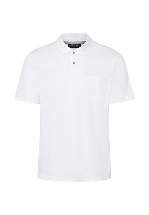 Polo bianca a maniche corte con colletto, due bottoni e taschino sul petto, esposta su uno sfondo bianco semplice.