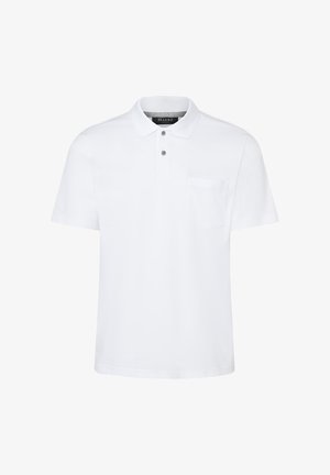 White short-sleeve polo shirt with collar, two buttons, and a chest pocket, displayed on a plain white background.