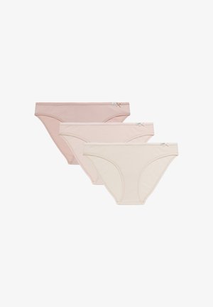 Trzy pary kobiecych bawełnianych majtek w jasnoróżowym, pastelowym różowym i kremowym kolorze. Posiadają cienką gumkę w talii i mały akcent w postaci kokardki z przodu.