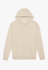Beige hooded sweatshirt with drawstrings, kangaroo pocket, ribbed cuffs, and hem. Smooth cotton blend fabric with a simple design.