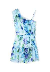 Vestido de un solo hombro con acentos de volantes, que presenta un patrón floral en tonos de azul, verde y púrpura. Tejido liviano, falda en capas.