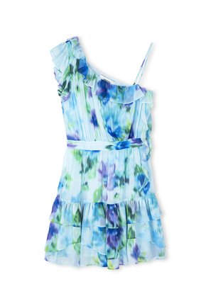 One-shoulder dress with ruffled accents, featuring a floral pattern in shades of blue, green, and purple. Lightweight fabric, tiered skirt.