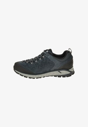 Dark gray hiking shoe with black accents, lace-up front, padded collar, and textured sole for traction.