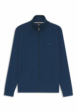 Mørkeblå lynlåsjakke lavet af glat stof, med ståkrave, to for- lommer og kontrasterende syninger.