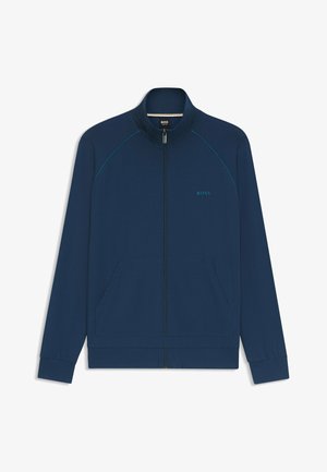 Marineblaues Zip-Jackett aus glattem Stoff, mit Stehkragen, zwei Fronttaschen und kontrastierenden Stichdetails.