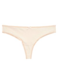 Naadloze nude thong gemaakt van zacht materiaal, met een delicate strikaccent aan de voorkant en een dunne tailleband met contrasterende bies.