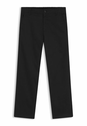 Zwarte rechte broek met knoop- en ritssluiting en zijzakken, plat gelegd op een witte achtergrond.