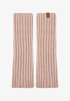 Pereche de încălzitoare pentru picioare lungi, tricotate, roz prăfuit, cu striații, având o mică etichetă din material maro pe o parte.
