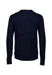 Ciemnogranatowy sweter z długim rękawem, z kołnierzykiem, ściągaczami na rękawach i u dołu. Wykonany z gładkiego, teksturowanego materiału z minimalnymi detalami.