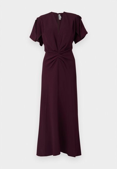 Burgundy maxi dress with short sleeves, a deep V-neck, and pleated front detail. Made from a smooth, lightweight fabric.