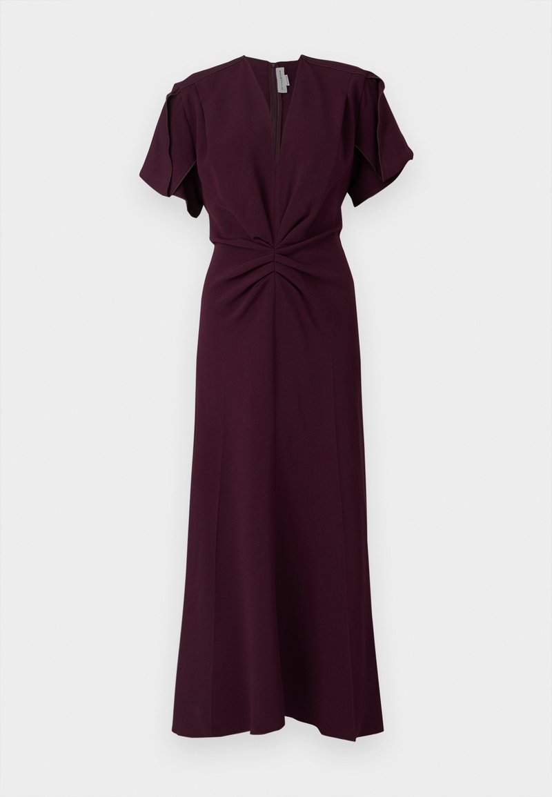 Bordeaux MAXIDRESS mit kurzen Ärmeln, tiefem V-Ausschnitt und gefaltetem Vorderteil. Hergestellt aus einem glatten, leichten Stoff.