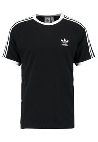 Černé tričko s krátkým rukávem Adidas s bílým límečkem, bílými okraji rukávů, třemi bílými pruhy na ramenou a logem Adidas na hrudi.