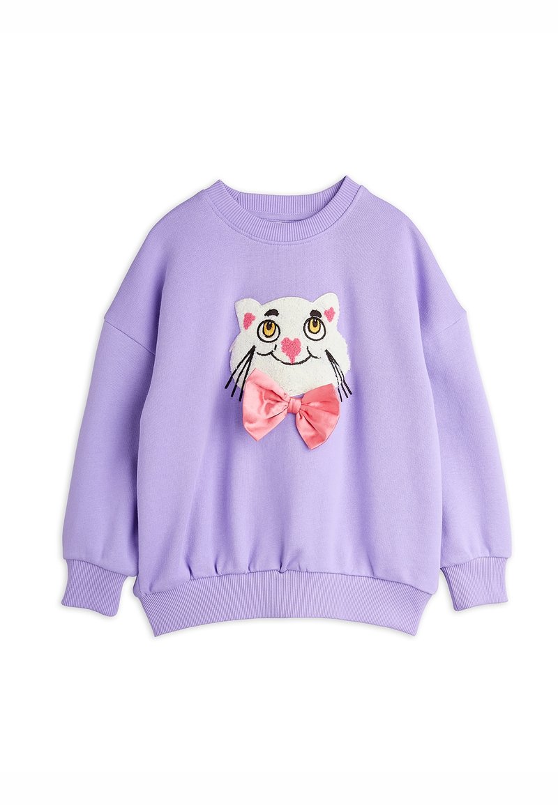 Sweat-shirt lilas avec un visage de chat blanc souriant, aux yeux jaunes, nez rose, moustaches, et un grand nœud en satin rose sur le devant.
