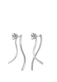 Silberohrringe mit zwei geschwungenen, wellenförmigen Strängen und einer komplexen, strukturierten Kante. Das Design umfasst zwei sphärische Akzente an der Oberseite.