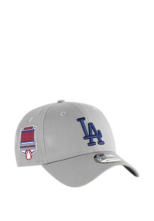Berretto da baseball grigio con ricamo navy blue "LA", patch del logo dei Dodgers rosso e blu sul lato, cinturino regolabile e corona strutturata.
