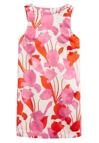Kukallinen mekko valkoisesta kankaasta, jossa on vaaleanpunaisia ja oransseja kukkakuoseja. Mekossa on pyöreä pääntie ja napit olkapäillä.
