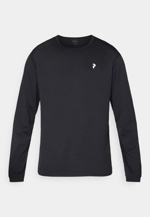 T-shirt nera a maniche lunghe realizzata in un tessuto morbido, con un piccolo logo bianco sul petto e un colletto rotondo. Vestibilità comoda.