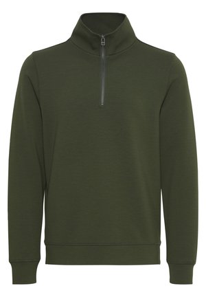 Sötétzöld pulóver, magas gallérral, félig cipzárral, puha anyagból, hosszú ujjakkal és bordázott mandzsettával és aljjal.