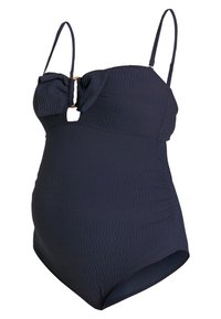 Mørkeblå svømmebikini til gravide med teksturert stoff, justerbare spaghettistropper og en front nøkkelhullsdetalj med gullfarget hardware.