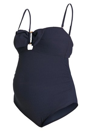 Marineblaue Umstandsbademode aus strukturiertem Stoff, verstellbaren Spaghettiträgern und einem frontalen Schlitz mit goldenen Hardware-Akzenten.