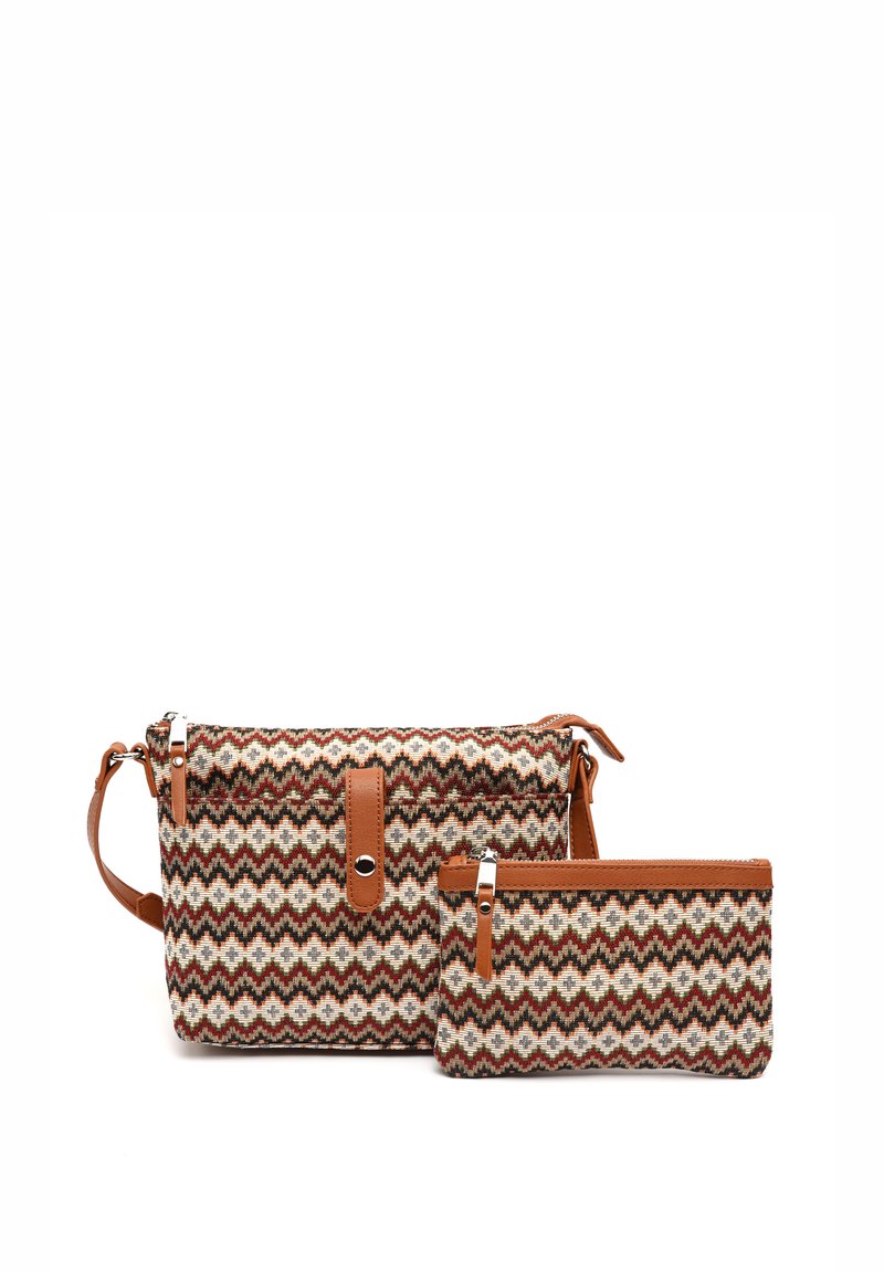 Kootud mustriga kottide komplekt, mis sisaldab suurt õlakotti nahkaktsentidega ja väikest kotti. Värvid hõlmavad pruuni, kreemi ja roostet.