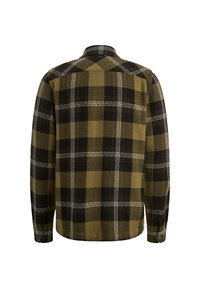Geruite flanellen overhemd in groen, zwart en wit. Voorzien van een knoopkraag en manchetten, met een gestructureerde, zachte stof. Achteraanzicht.