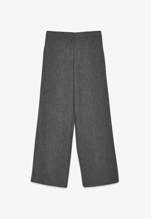 Gray wide-leg trousers made from textured fabric with a subtle pattern. Features a waistband with belt loops and a clean cut finish.