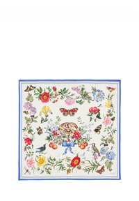 Square silk scarf featuring a white background with colorful floral patterns, butterflies, a rabbit, and a blue ribbon border.