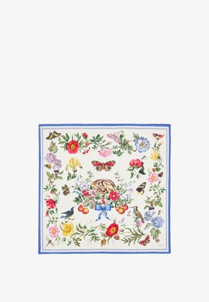 Suknjeviti svilen šal s bijelom pozadinom koja prikazuje šarene cvjetne uzorke, leptire, zeca i plavi rub.